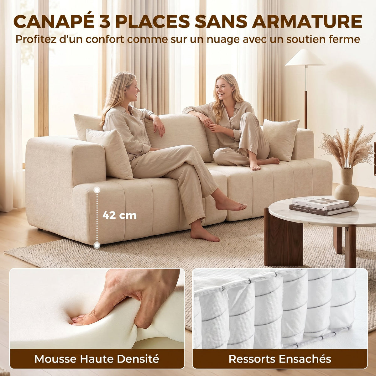 Canapé 3 places en chenille beige – 248 cm