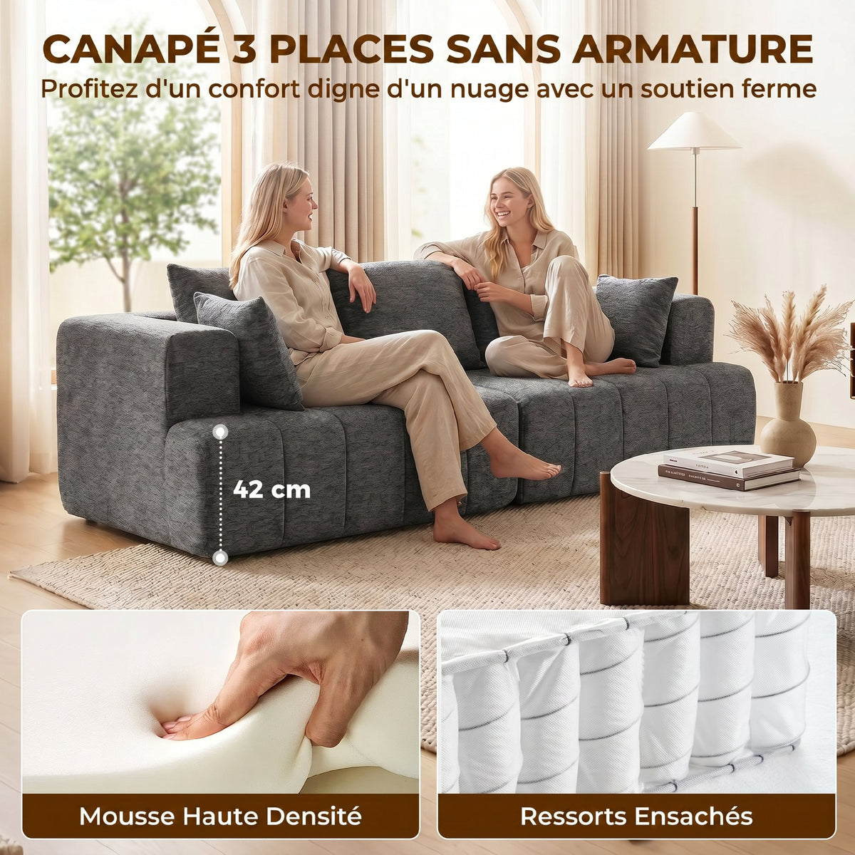 Canapé 3 places en chenille gris – 248 cm