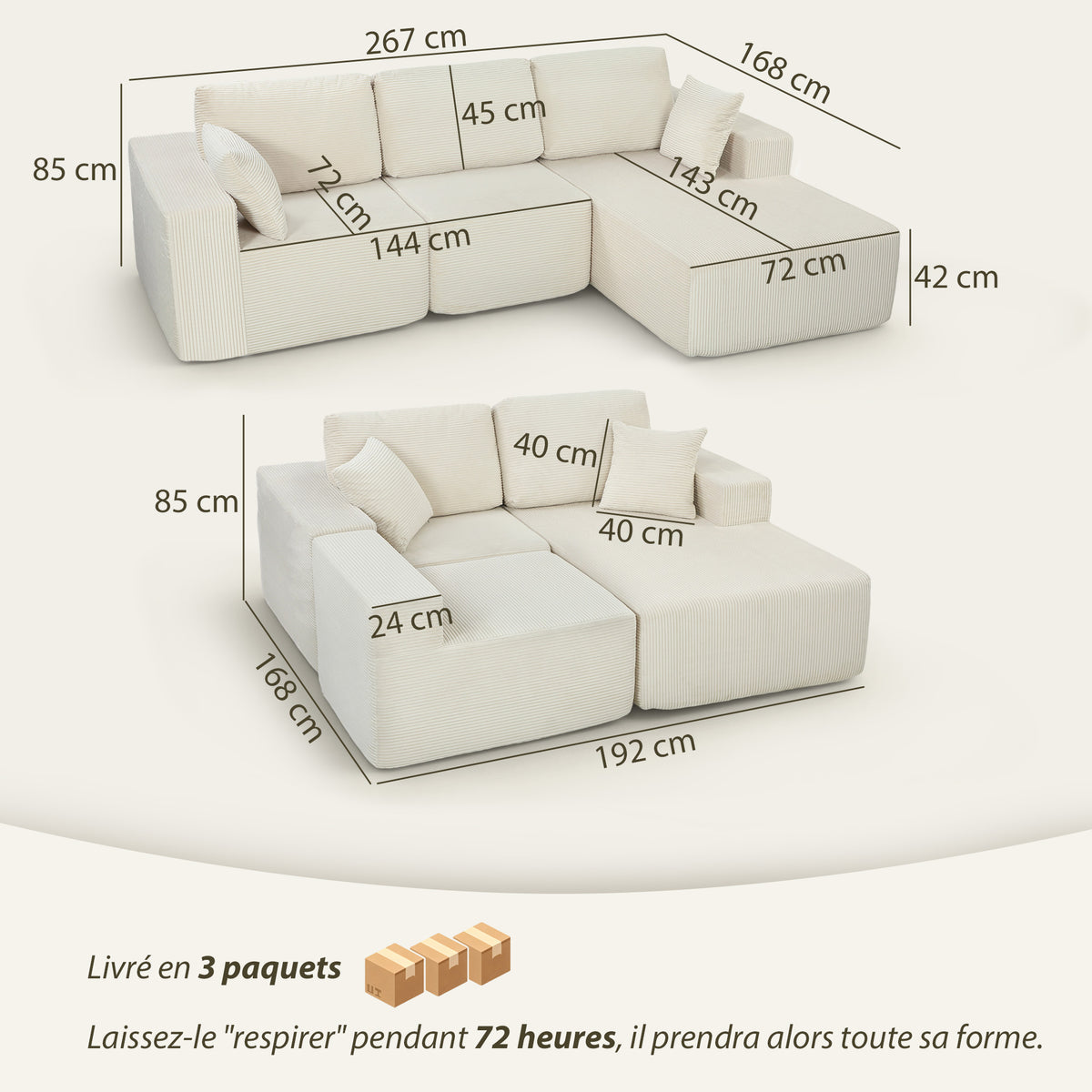 Canapé d’angle modulable convertible en velours – 267 cm