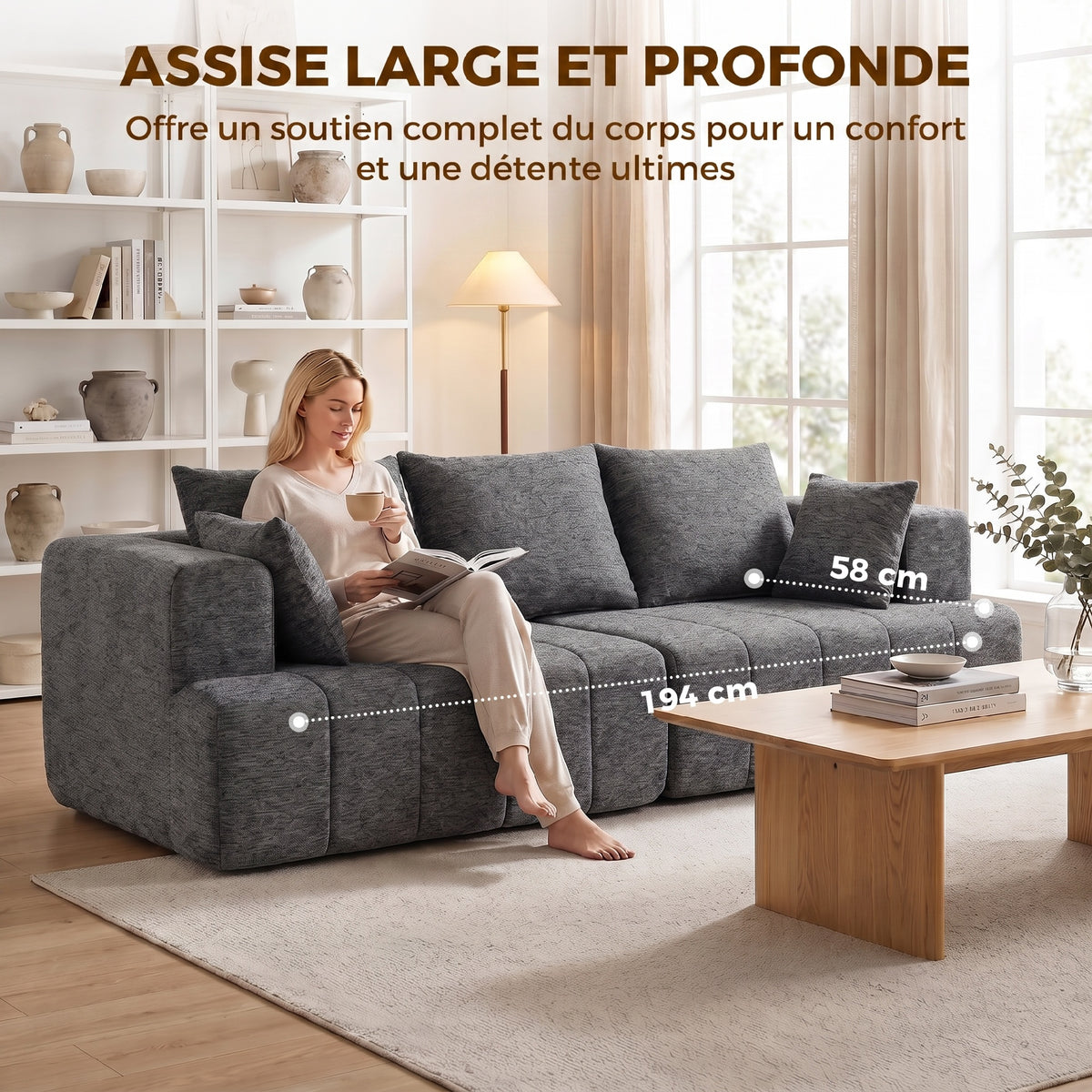 Canapé 3 places en chenille gris – 248 cm