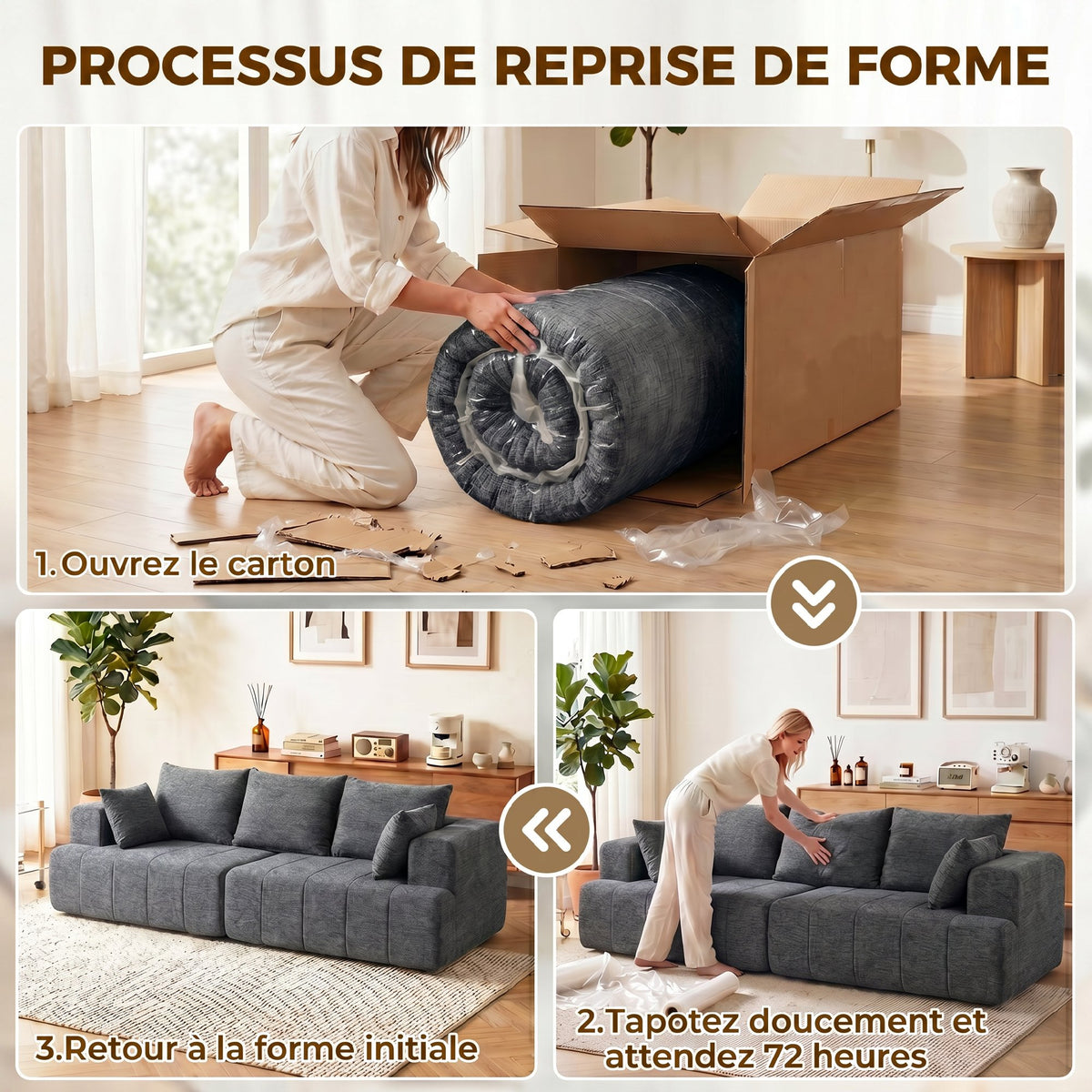 Canapé 3 places en chenille gris – 248 cm