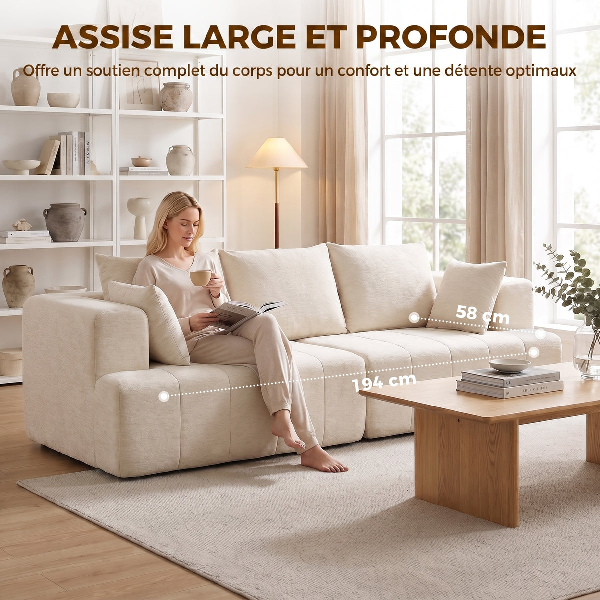 Canapé 3 places en chenille beige – 248 cm