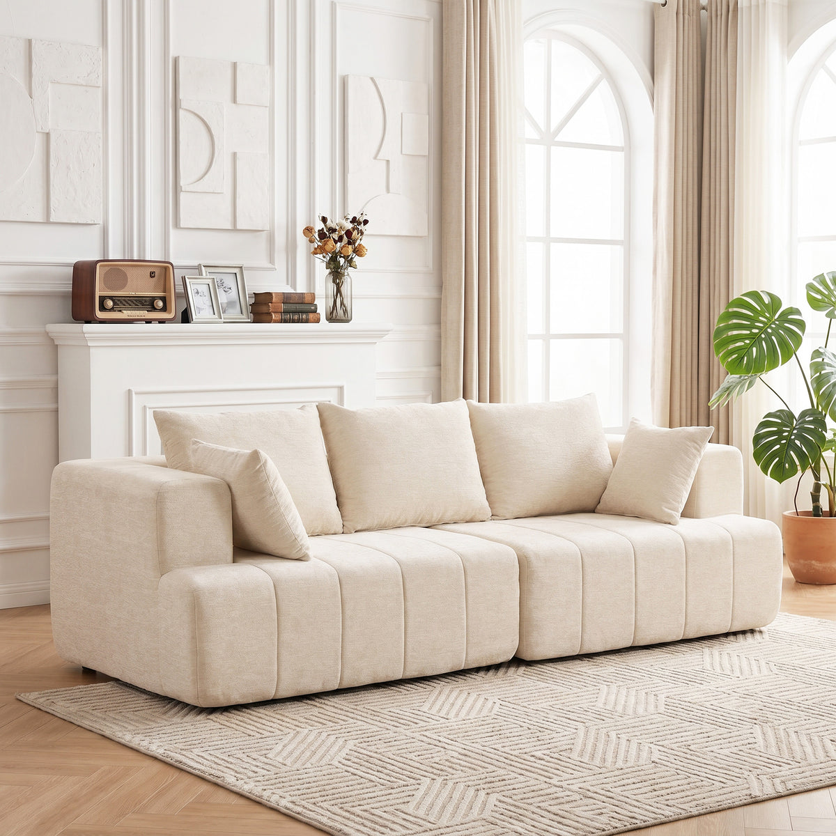 Canapé 3 places en chenille beige – 248 cm