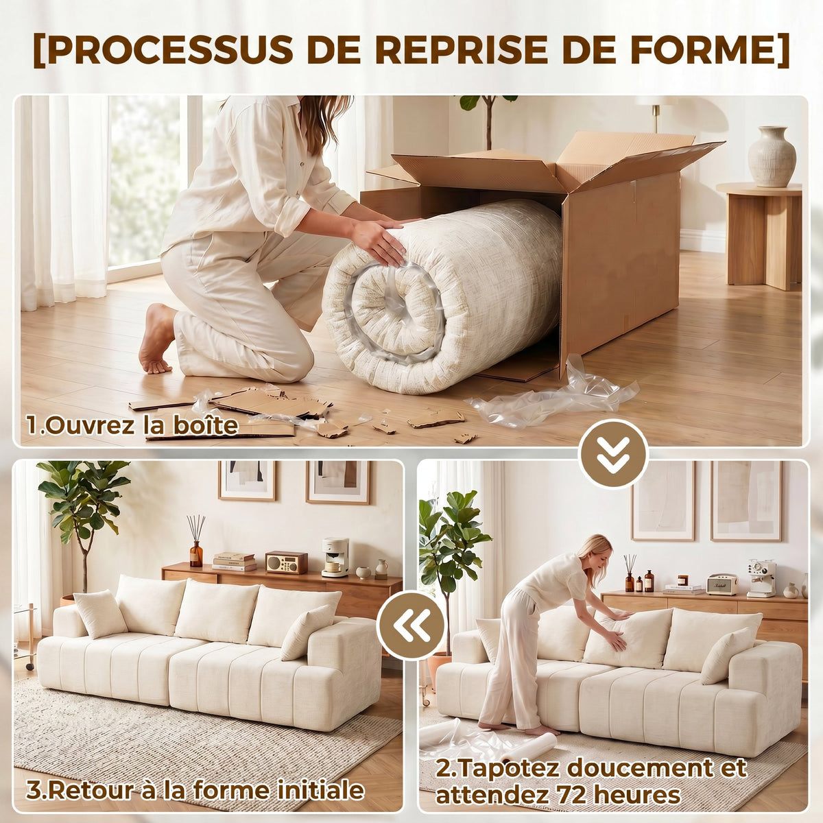 Canapé 3 places en chenille beige – 248 cm