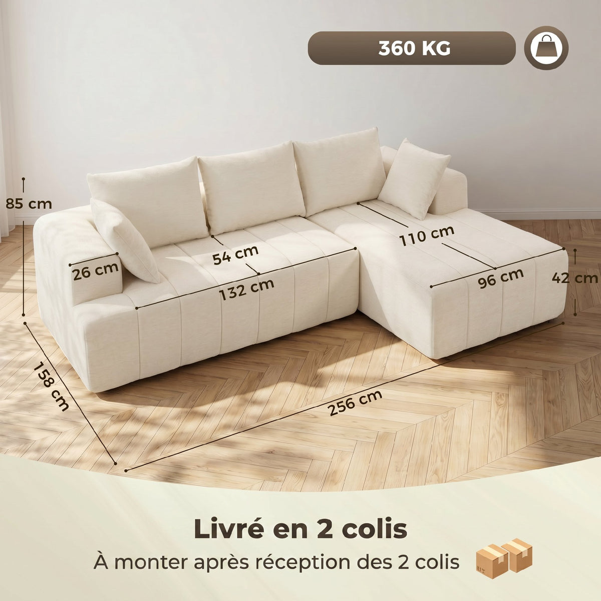 Canapé d’angle avec méridienne – 256 cm