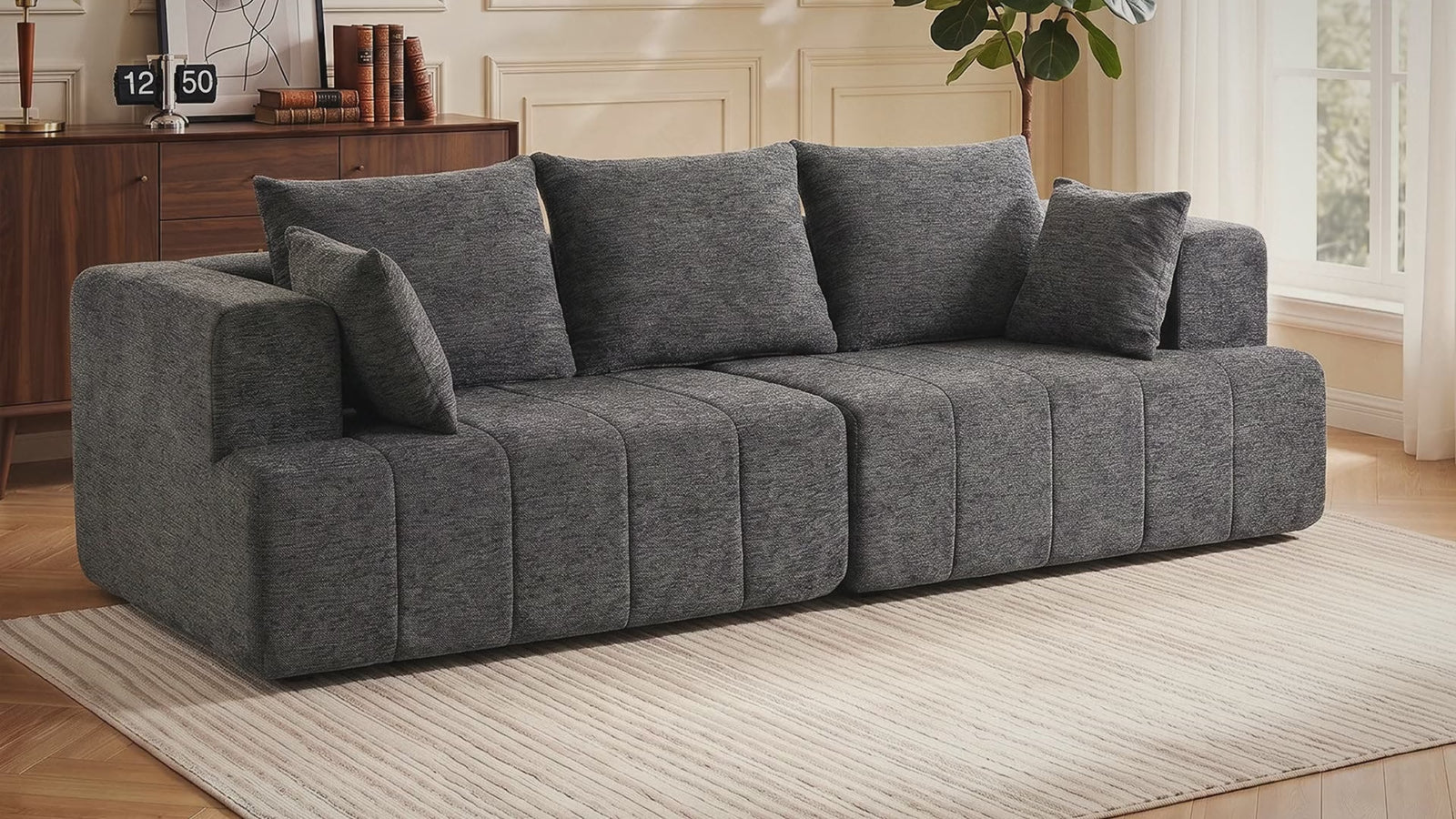 Présentation du canapé 3 places en chenille gris