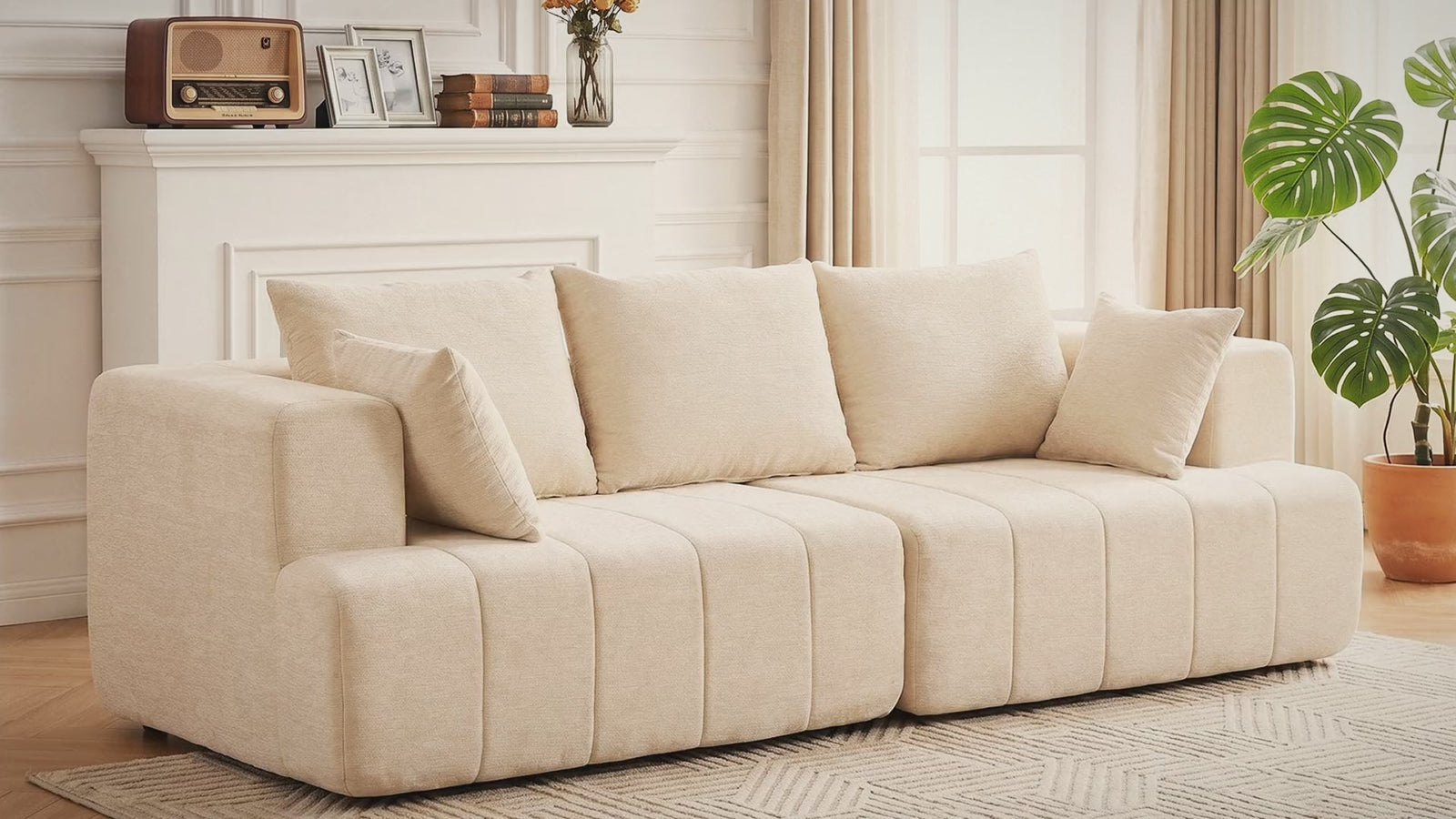 Présentation du canapé 3 places en chenille beige