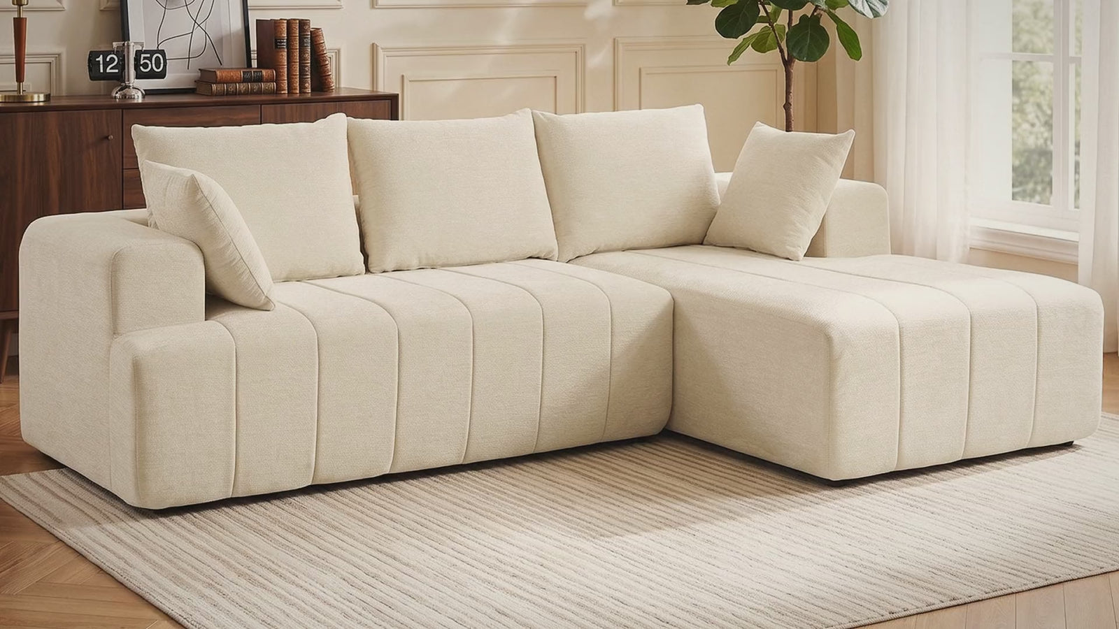 Présentation du canapé d'angle convertible en chenille beige