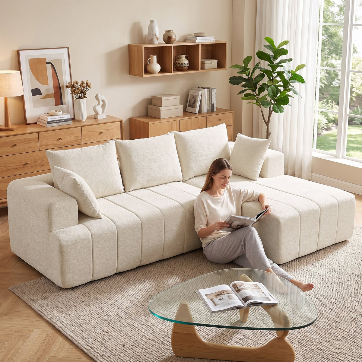 Canapé d'angle convertible en chenille beige