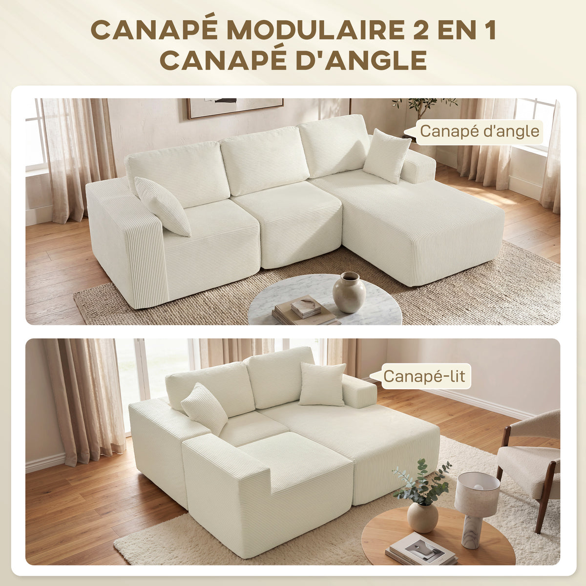 Canapé d’angle modulable convertible en velours – 267 cm