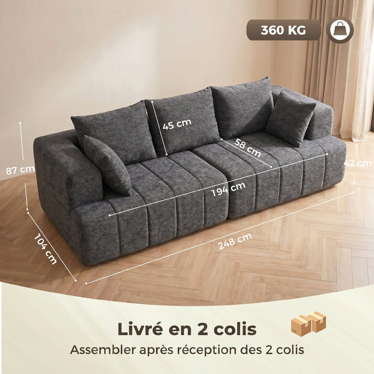 Canapé 3 places en chenille gris – 248 cm