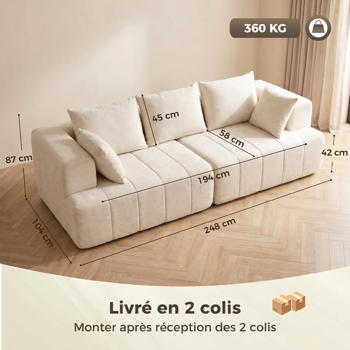 Canapé 3 places en chenille beige – 248 cm